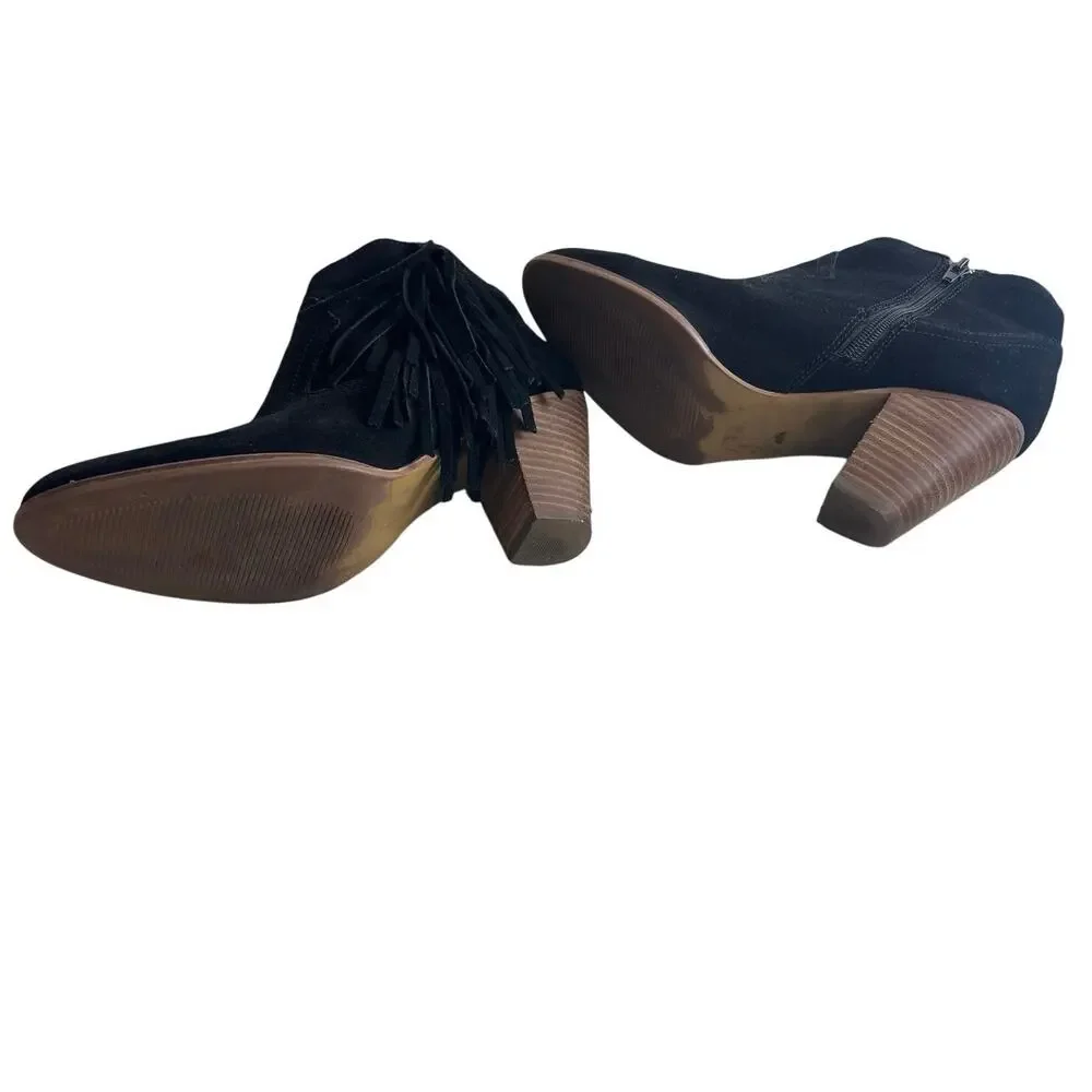 Steve Madden Cian Black Suede Fringe Ankle Boots 8M Western Boho Stacked Heel